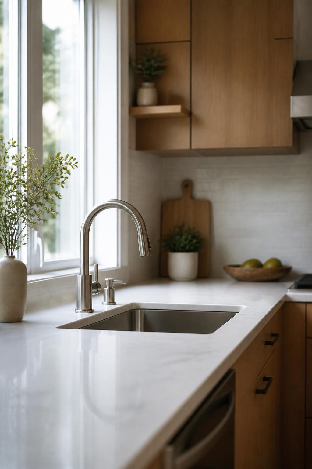 Modern kitchen with a clean sink and installed faucet.