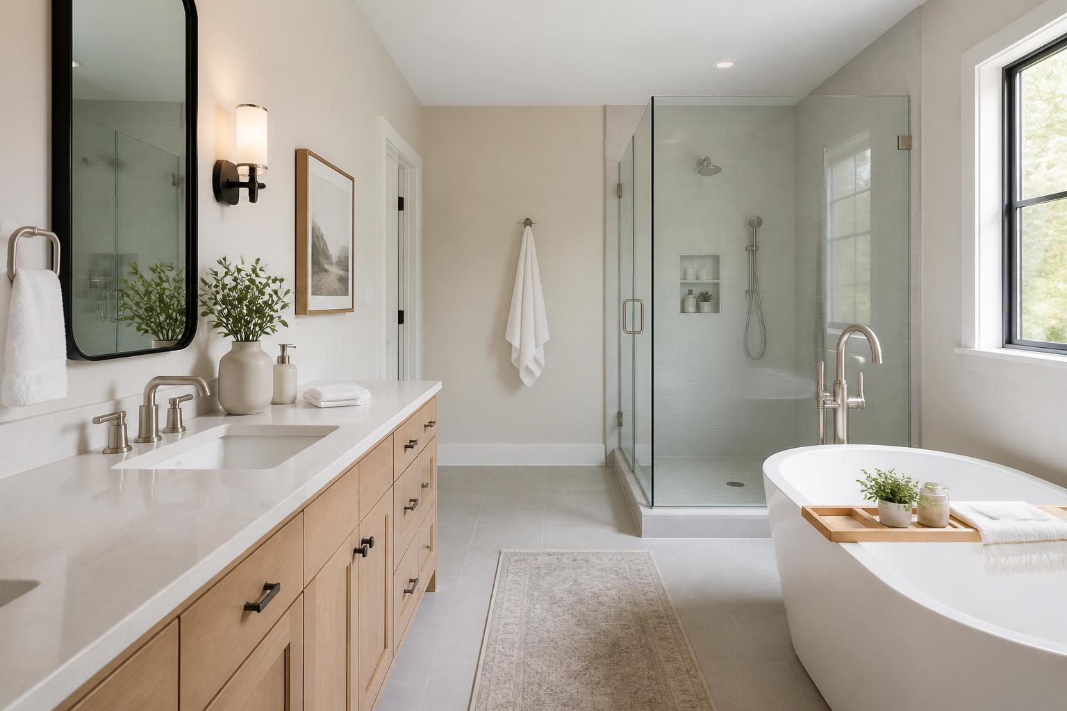 Bright modern bathroom with polished fixtures and a clean vanity.