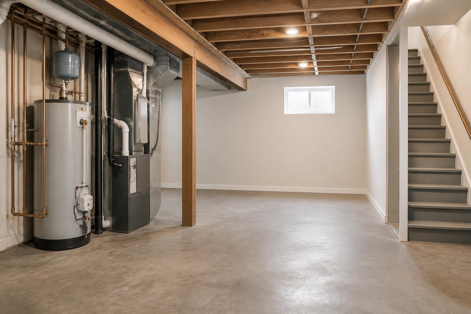 Finished utility space with clean plumbing and open negative space.